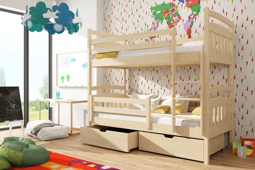 Wooden bunk bed with drawers in a child's room with colorful decor.