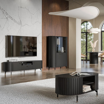 Modern living room with black furniture and marble walls