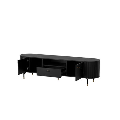 Black entertainment console with open doors on a white background