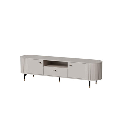 Gray TV stand with multiple drawers on a white background