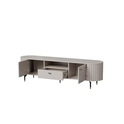 Light gray wooden sideboard with open doors and drawer on a white background