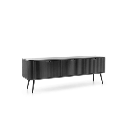 Black sideboard with sliding doors on a white background