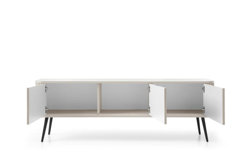 Modern sideboard with open doors on a white background