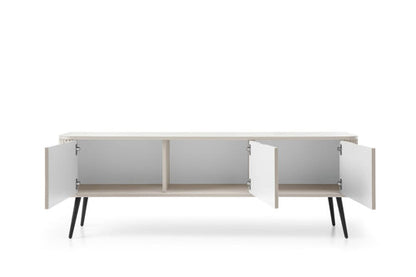 Modern sideboard with open doors on a white background