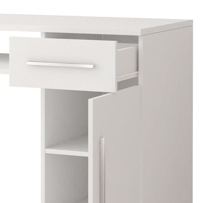 White corner cabinet with open door on a white background