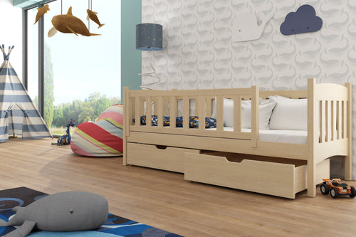 Children's room with a wooden bed, toys, and colorful decor.