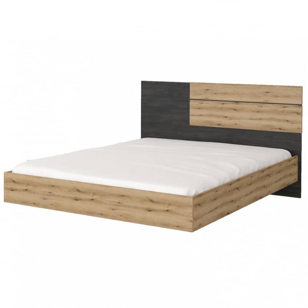 Wooden bed frame with white mattress on a white background