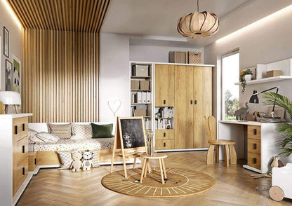 Modern bedroom with wooden furniture and decor