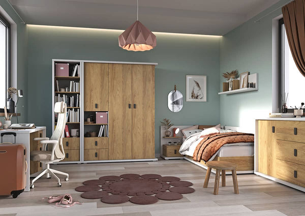 Modern bedroom with wooden furniture, bed, and decor