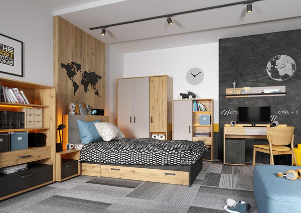 Modern bedroom with wooden furniture, bed, and desk.