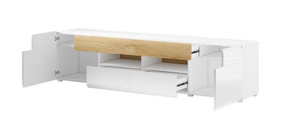 White modern sideboard with wooden accents on a white background
