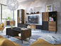 Modern living room with wooden entertainment center, TV, and decor