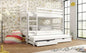 White bunk bed with a trundle in a room with floral wallpaper and large windows.